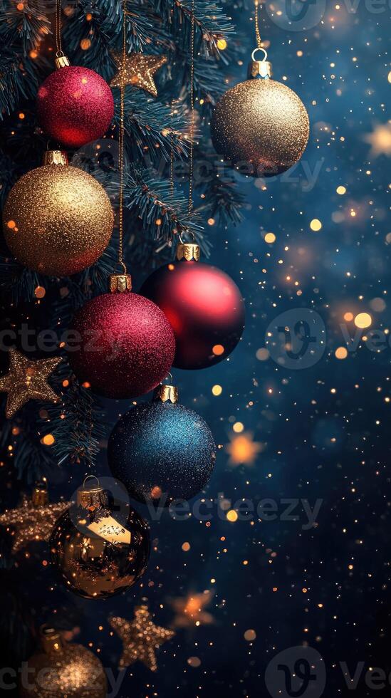 Christmas ornaments hanging from a christmas tree with a blurred background photo