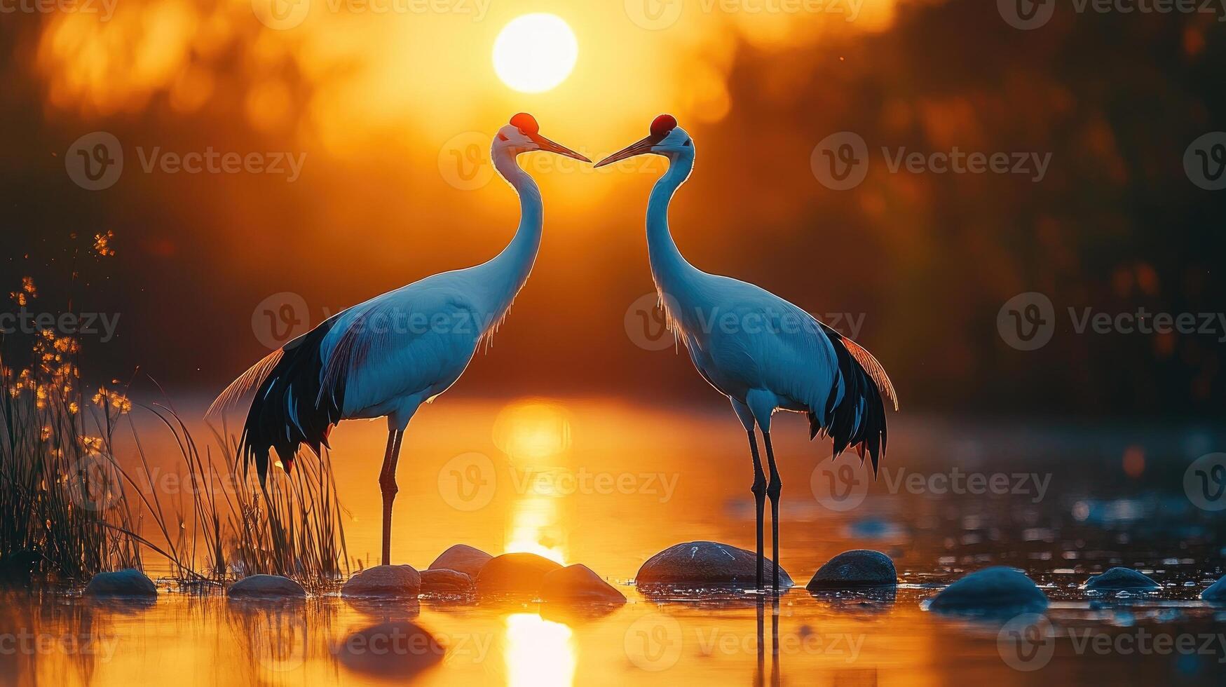 Two whooping cranes standing on rocks at sunset photo