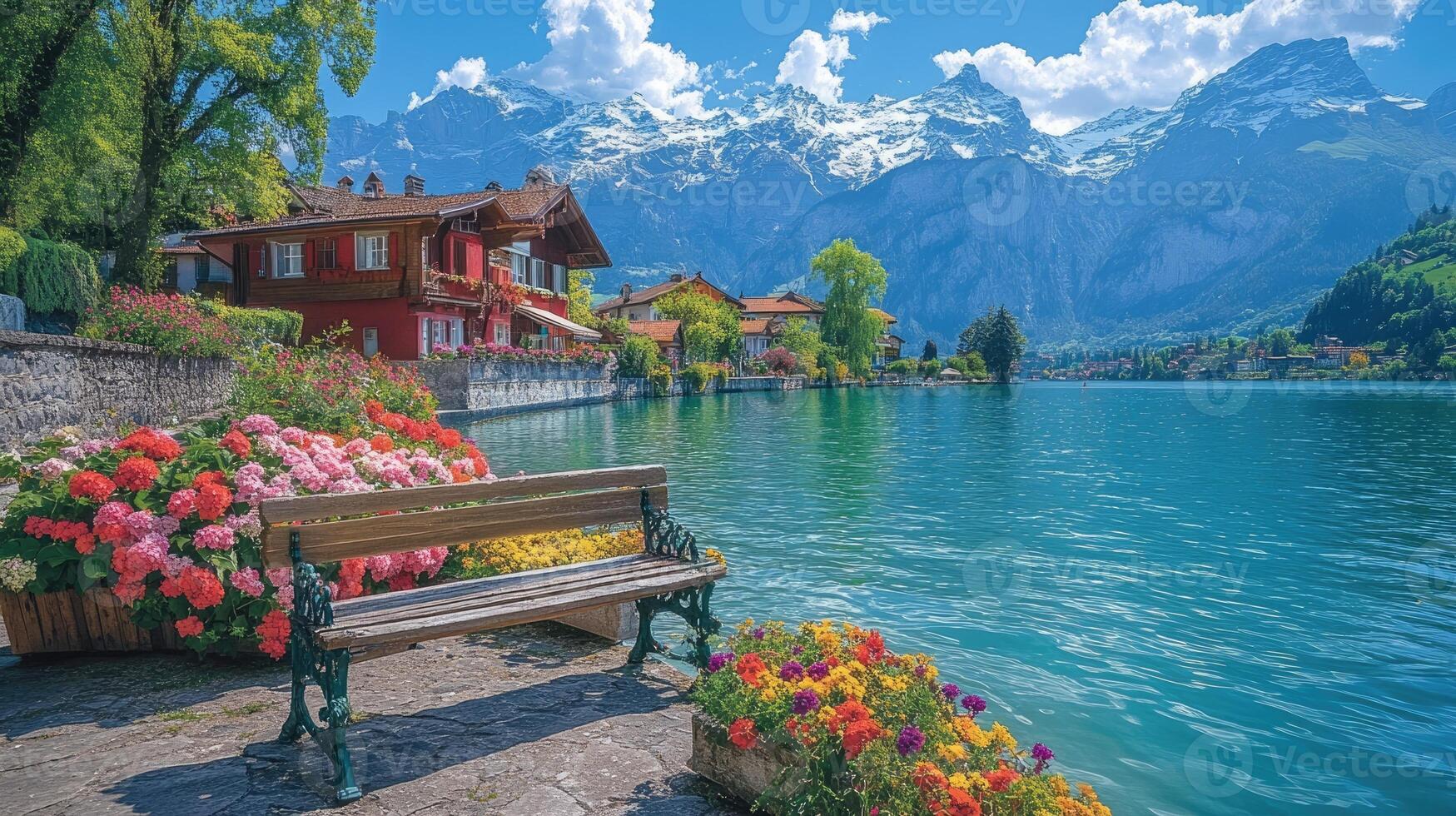 Wooden bench inviting you to sit and enjoy the view of the swiss alps reflecting in the lake photo