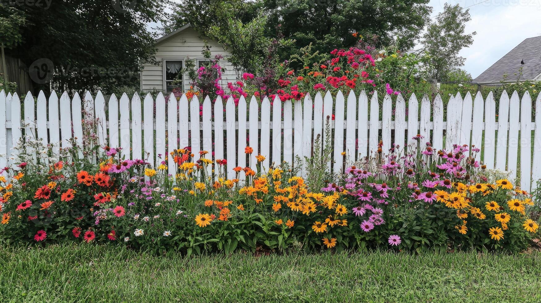 White picket fence surrounding colorful flower garden in summertime photo