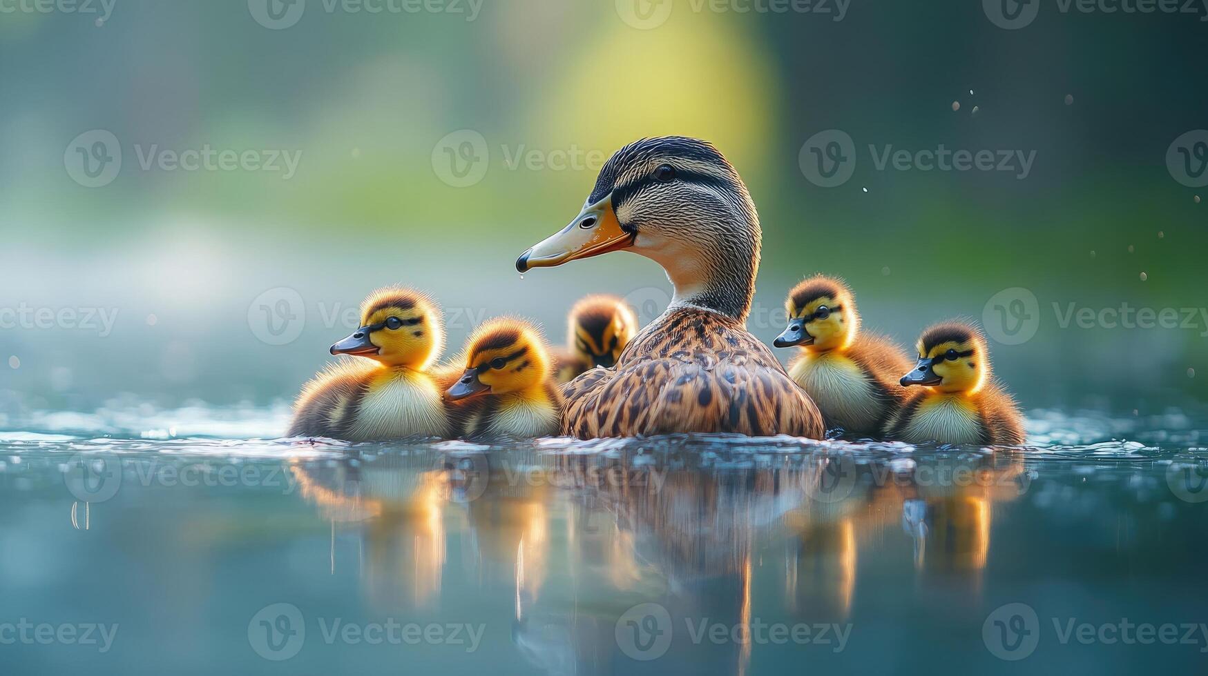 Mother duck swimming with ducklings on her back at golden hour photo