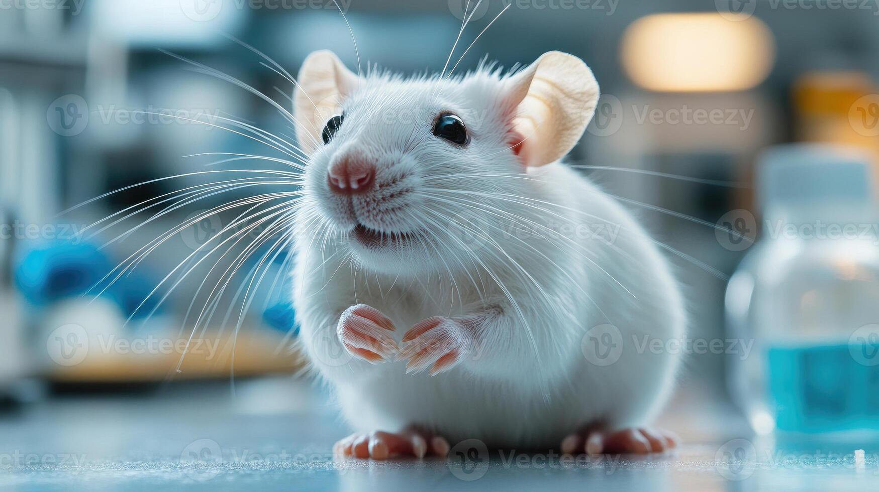 Laboratory rat posing on table in medical research facility photo