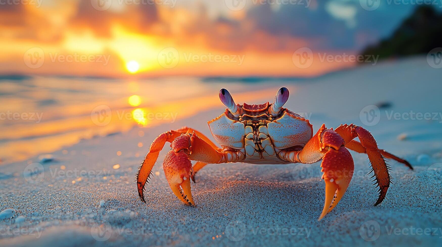 Red crab walking on the beach at sunset photo