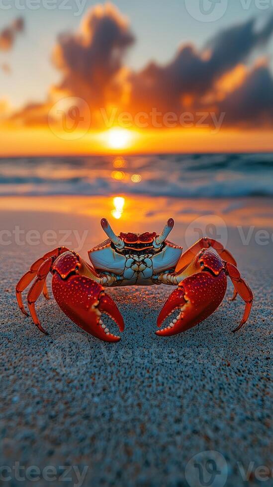 Red crab walking on the beach at sunset photo