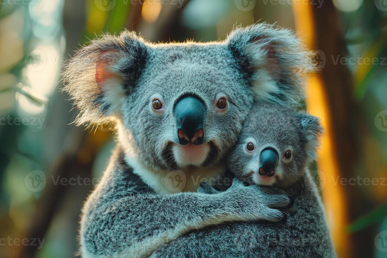 Mother koala bear hugging baby in eucalyptus forest photo