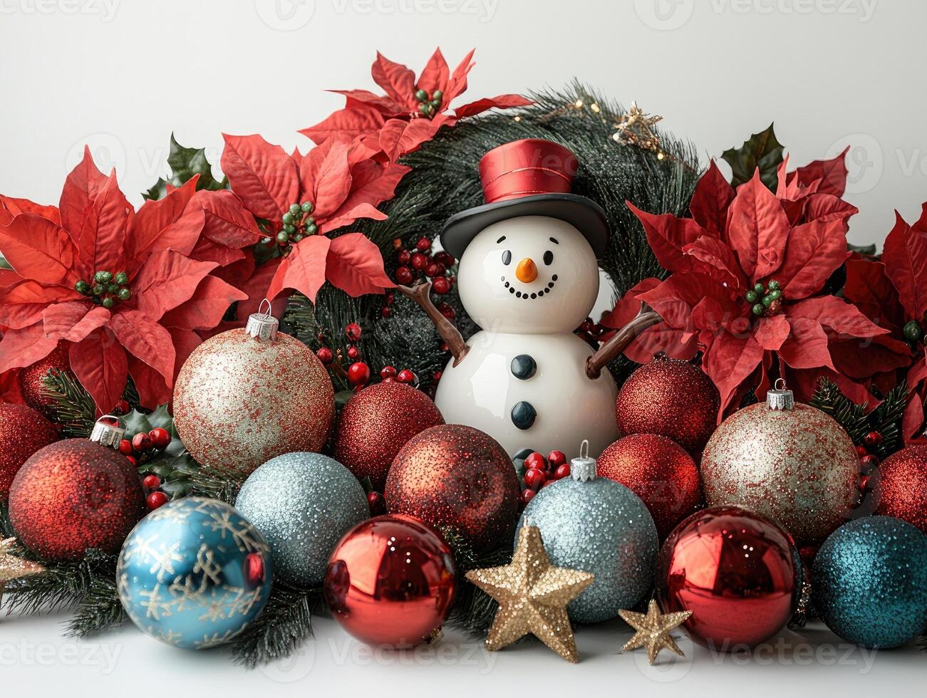 Christmas wreath with snowman, berries and baubles lying on white background photo