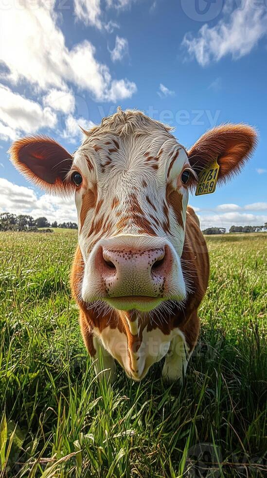 Young cow standing on grass in a field at sunset photo