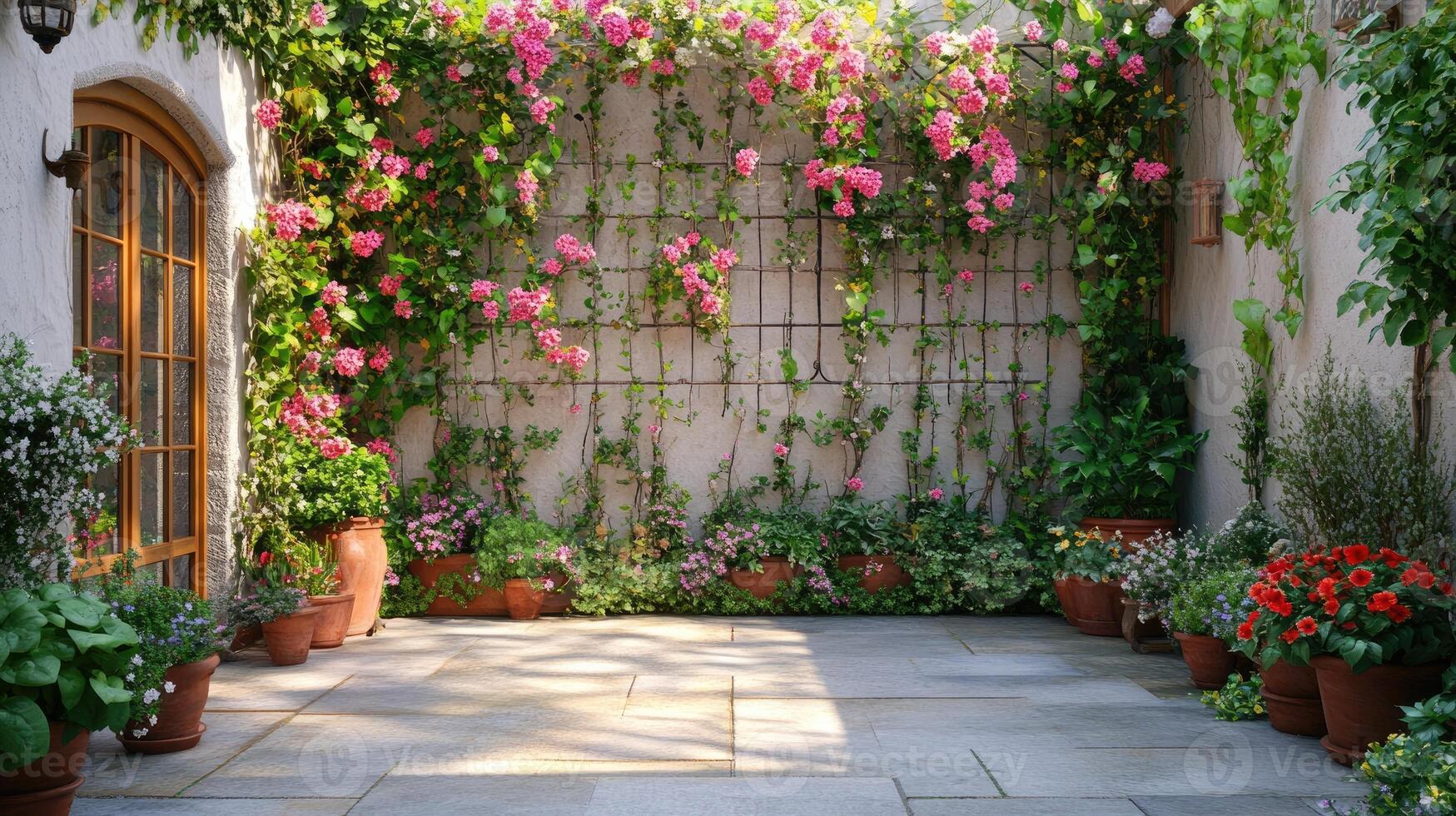 Beautiful backyard garden is flourishing during the summertime photo