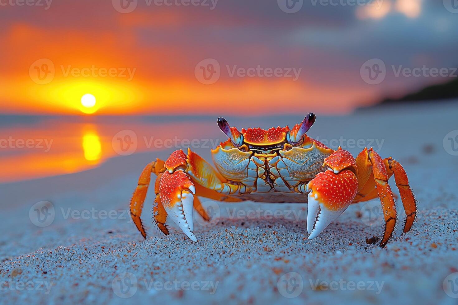 Red crab walking on the beach at sunset photo