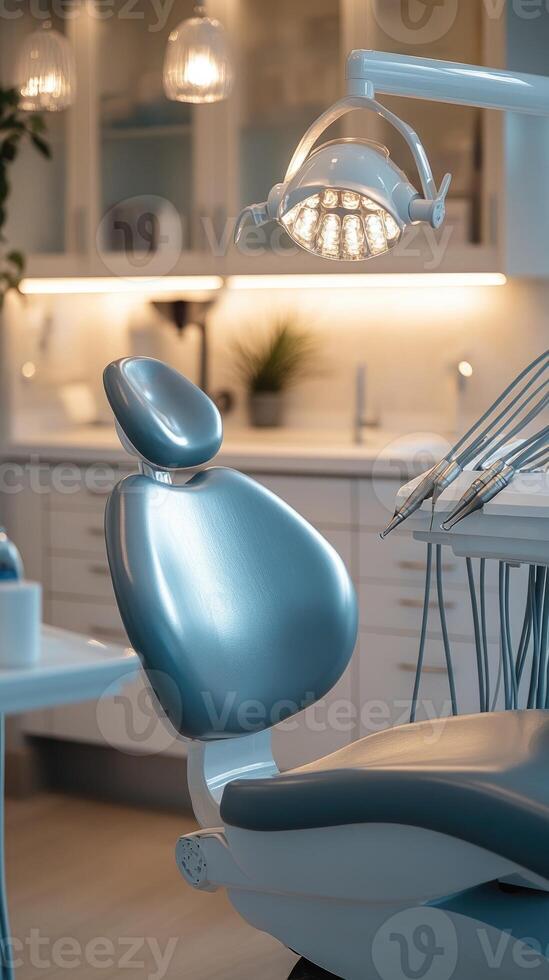 Modern dental office featuring a blue dentist chair waiting for patient photo