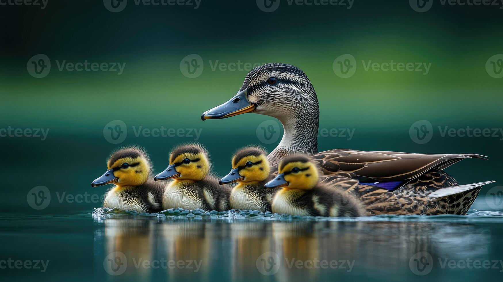 Mother duck swimming with ducklings on her back at golden hour photo
