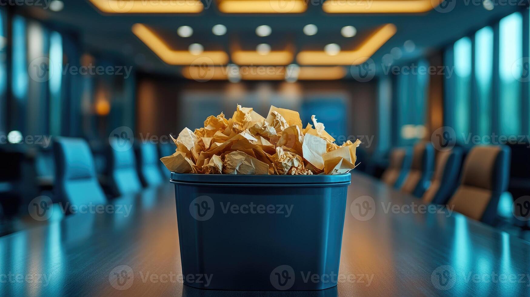 Overflowing trash can full of paper in conference room after business meeting photo