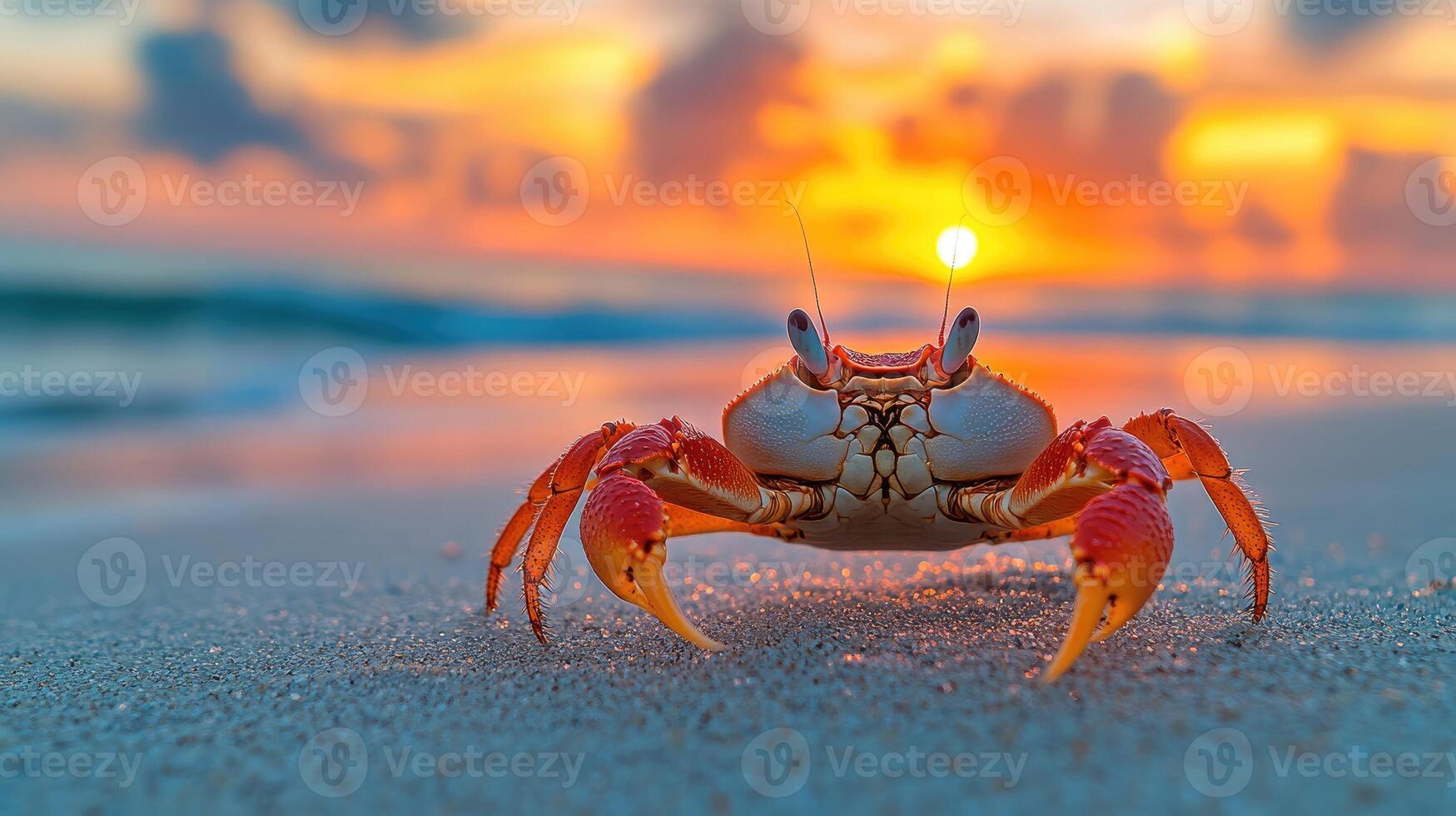 Red crab walking on the beach at sunset photo