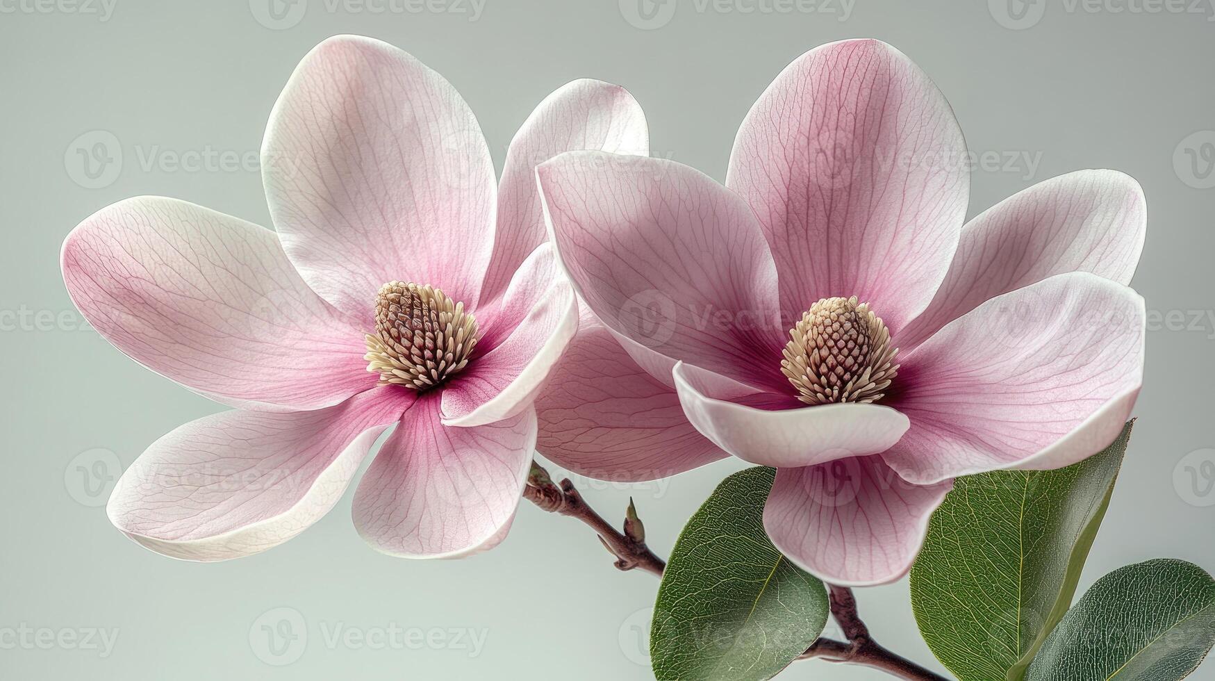 Two pink magnolia flowers blooming on white background photo