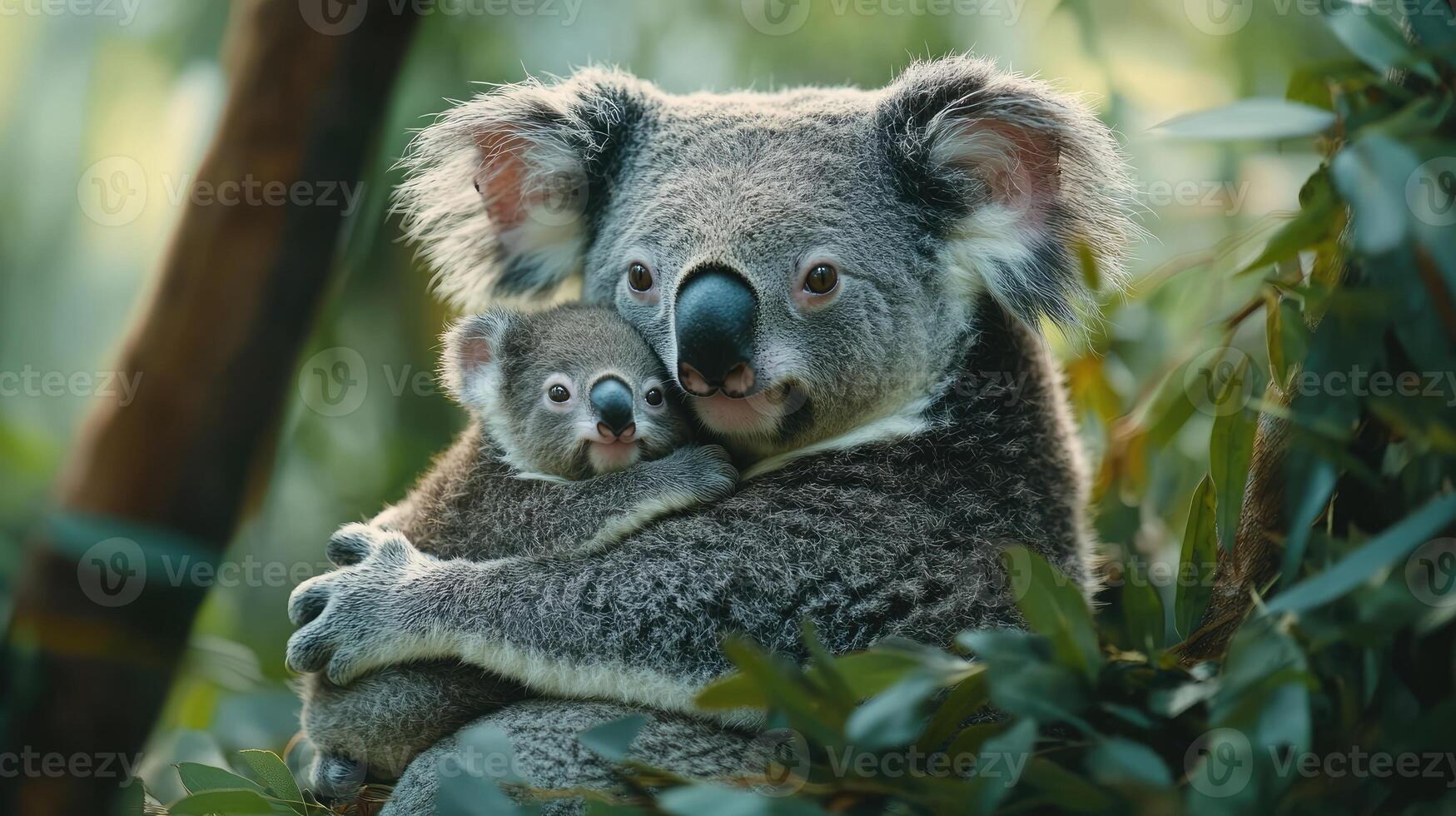 Mother koala bear hugging baby in eucalyptus forest at sunset photo