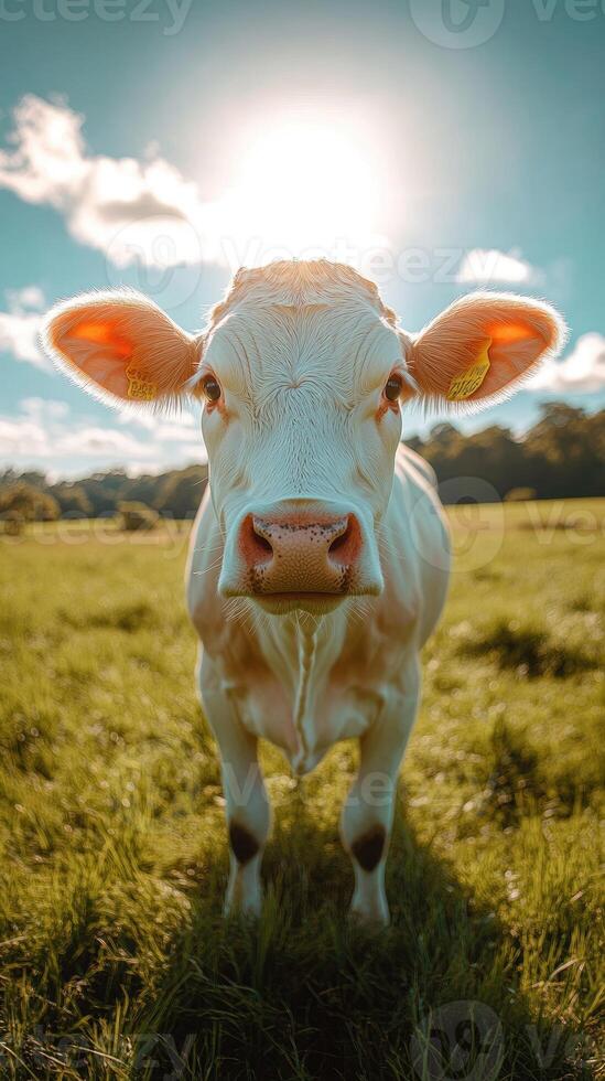 Young cow standing on grass in a field at sunset photo