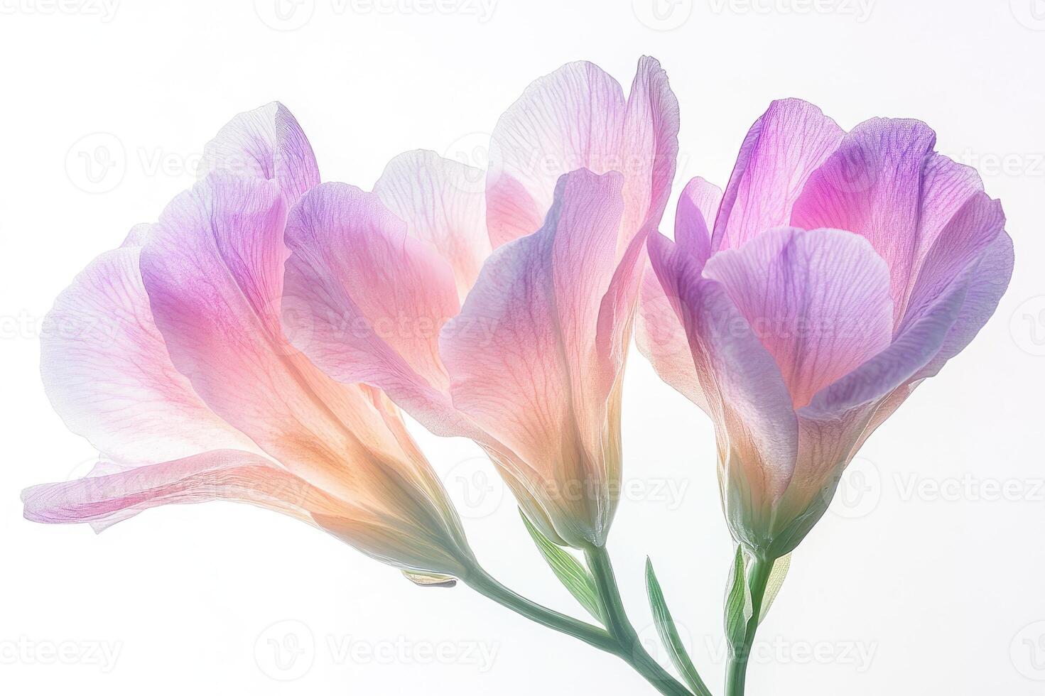 Five eustoma flowers are blooming on a pastel background photo