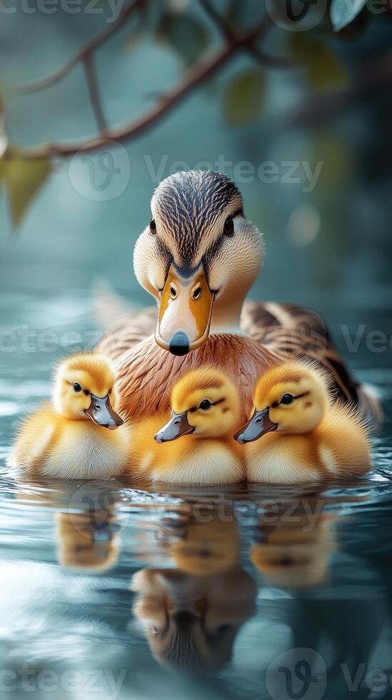 Mother duck swimming with ducklings on lake photo