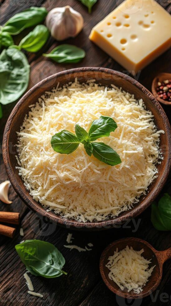 Grated parmesan cheese sitting in a wooden bowl on rustic kitchen table photo