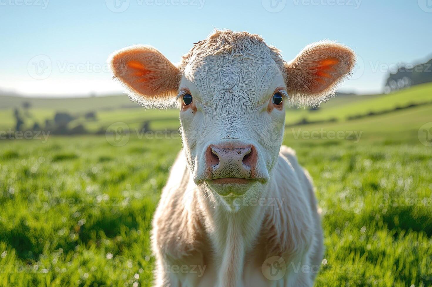 Young cow standing in green field on farm photo