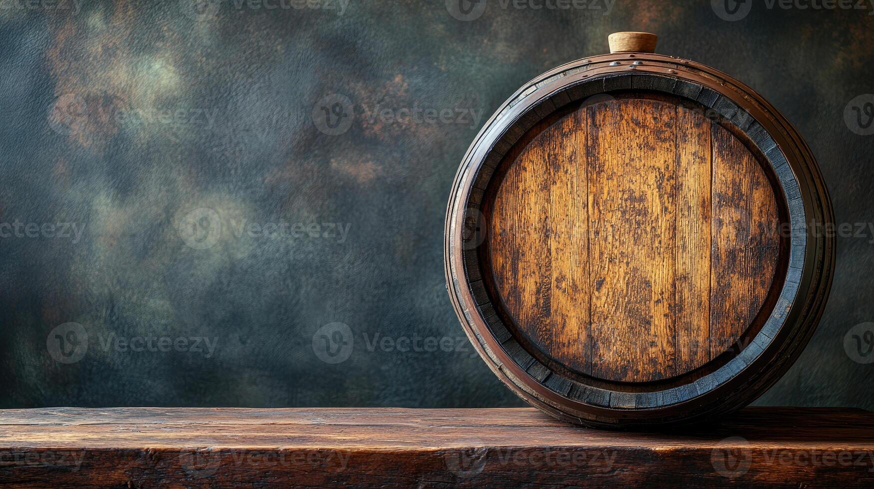 Old wooden barrel sitting on a rustic table in a cellar photo
