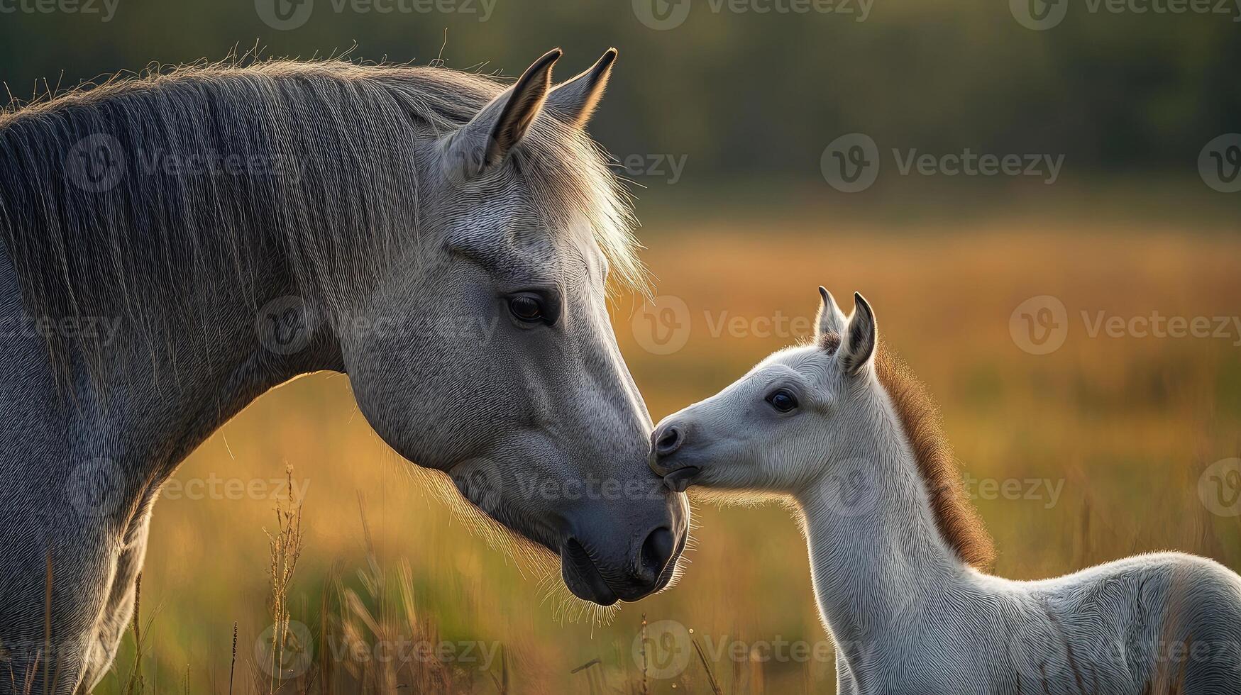 Mare and foal sharing a tender moment in sunset light photo