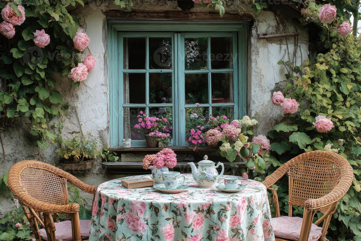 Romantic floral table setting by cottage window with climbing roses photo