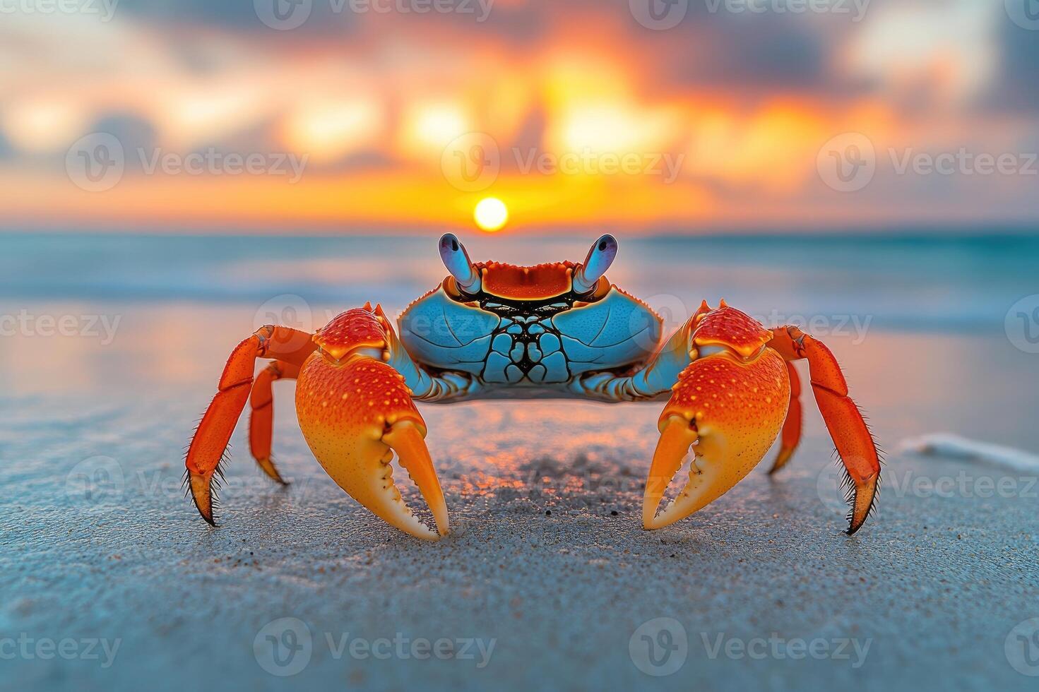 Red crab walking on the beach at sunset photo