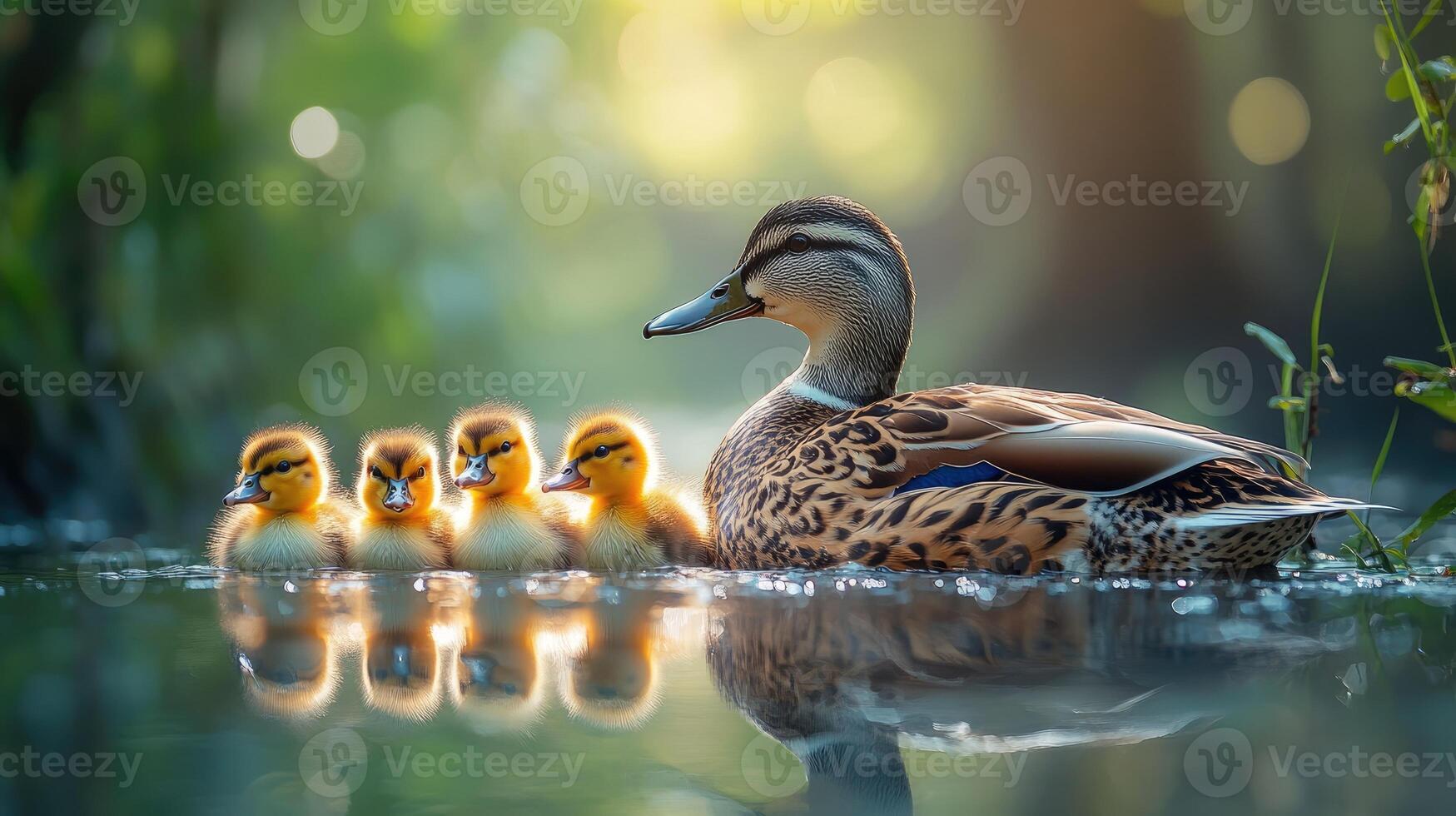 Mother duck swimming with ducklings on her back at golden hour photo