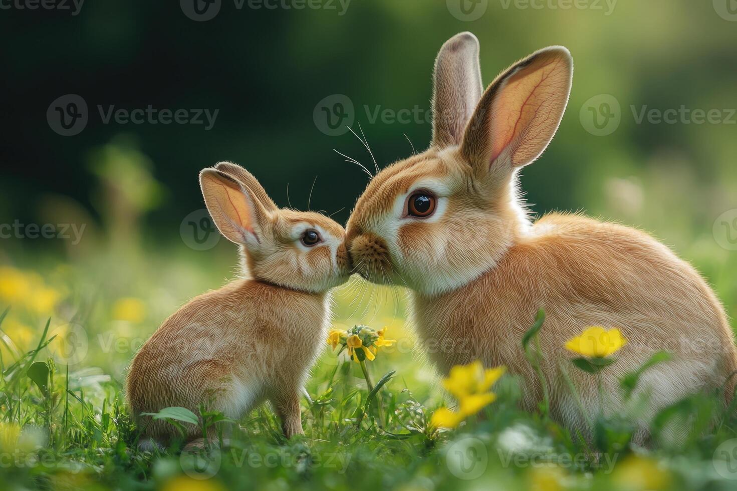 Mother rabbit kissing baby rabbit in a spring meadow photo