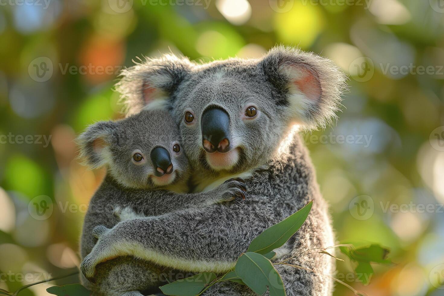 Mother koala bear hugging baby in eucalyptus forest photo