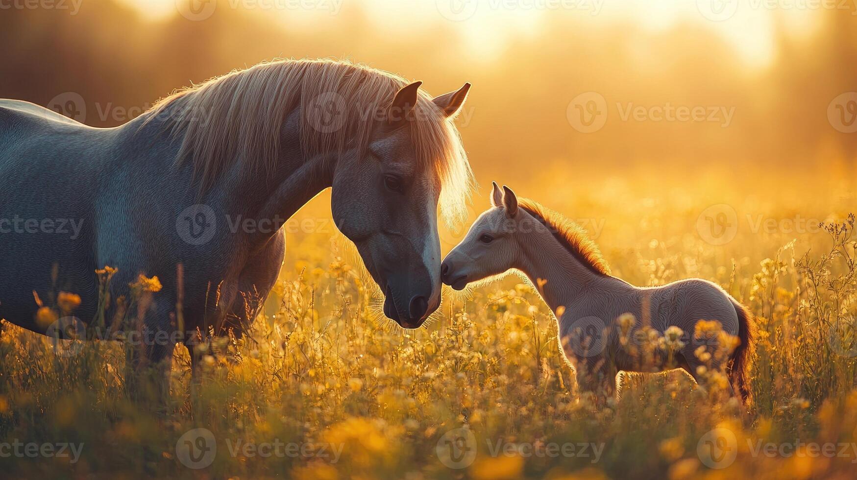 Mare and foal sharing a tender moment in sunset light photo