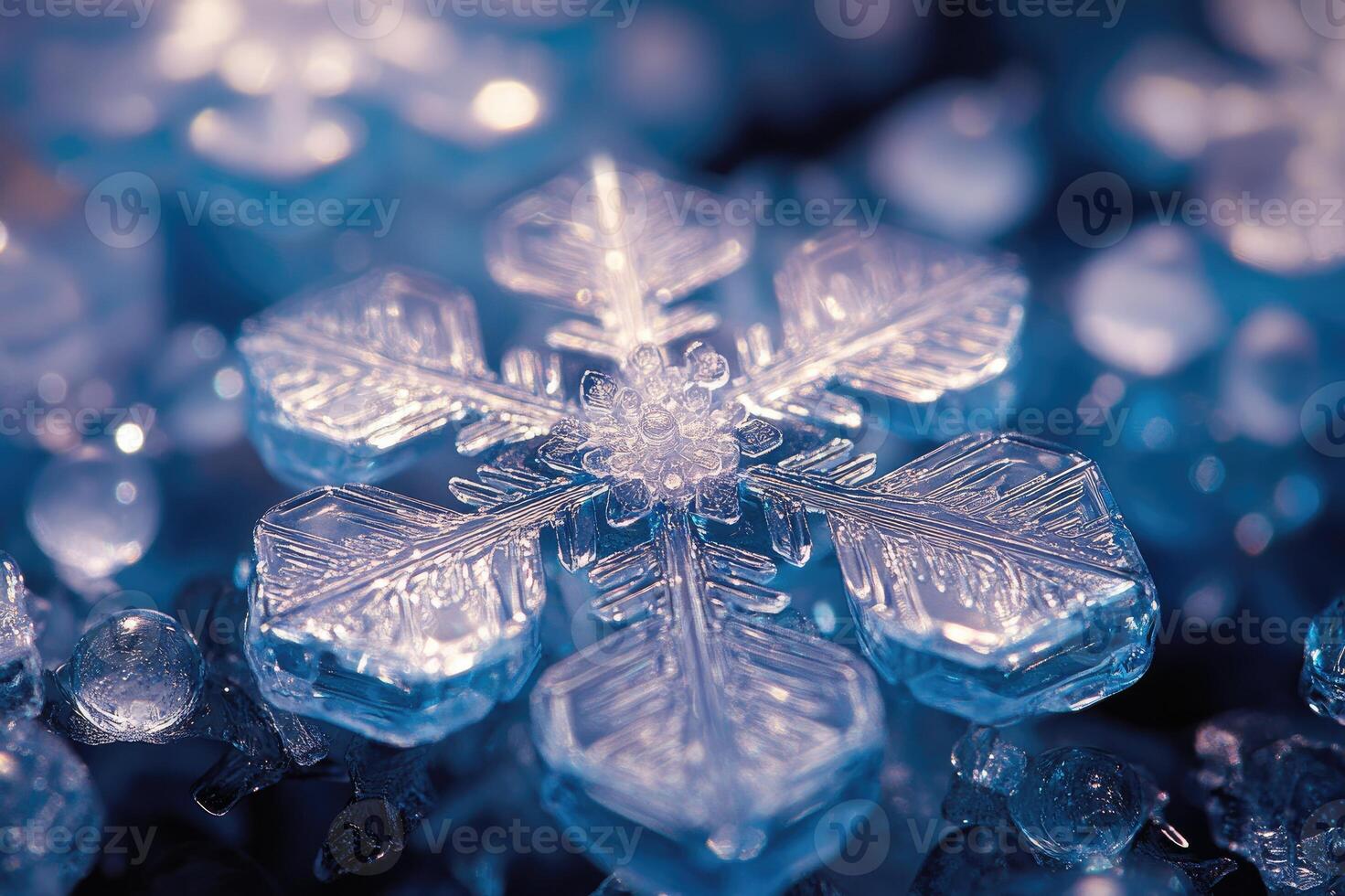 Macro photo of a snowflake resting on snow with a blue background