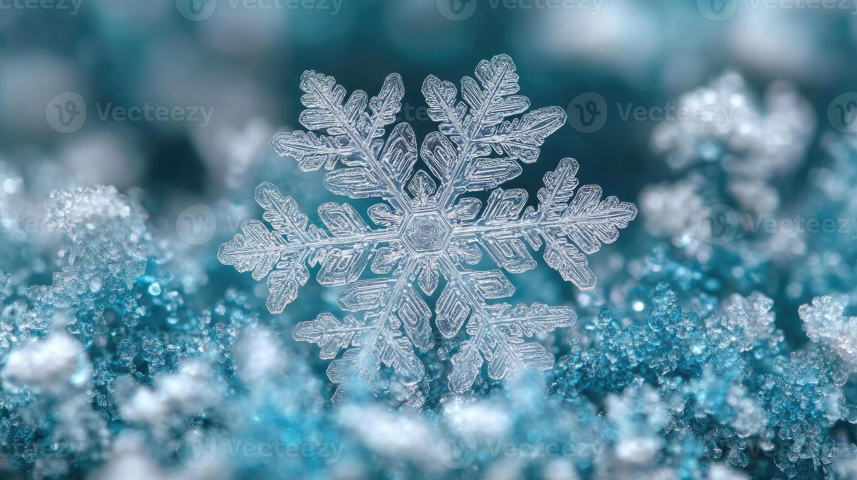 Macro photo of sparkling snowflake resting on frozen surface