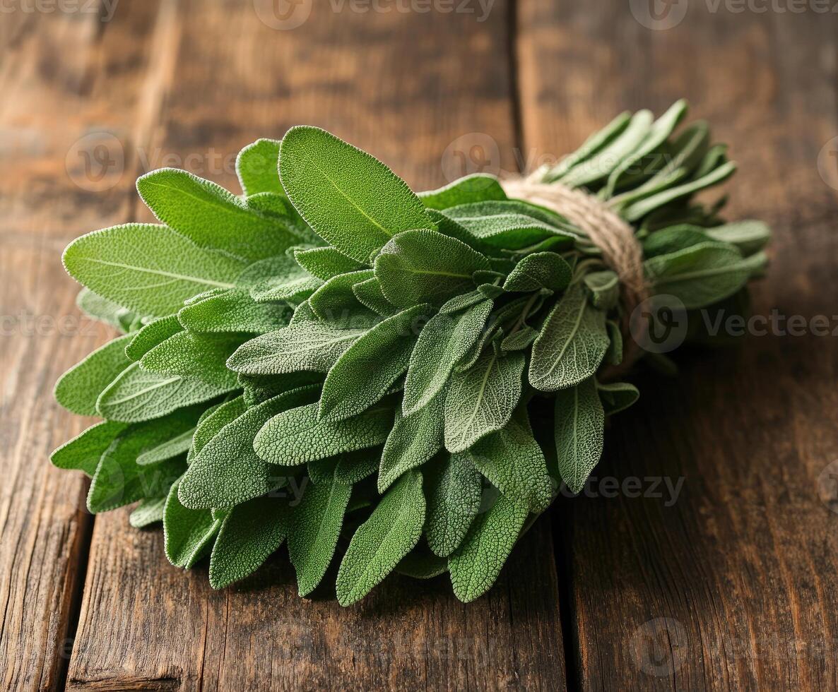 Fresh sage leaves tied together sitting on a rustic wooden table photo
