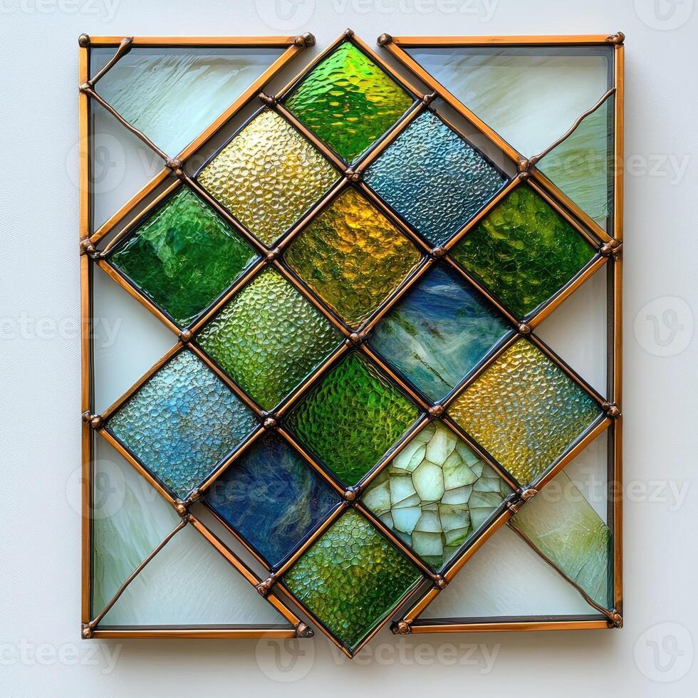 Modern stained glass window displaying geometric green pattern photo