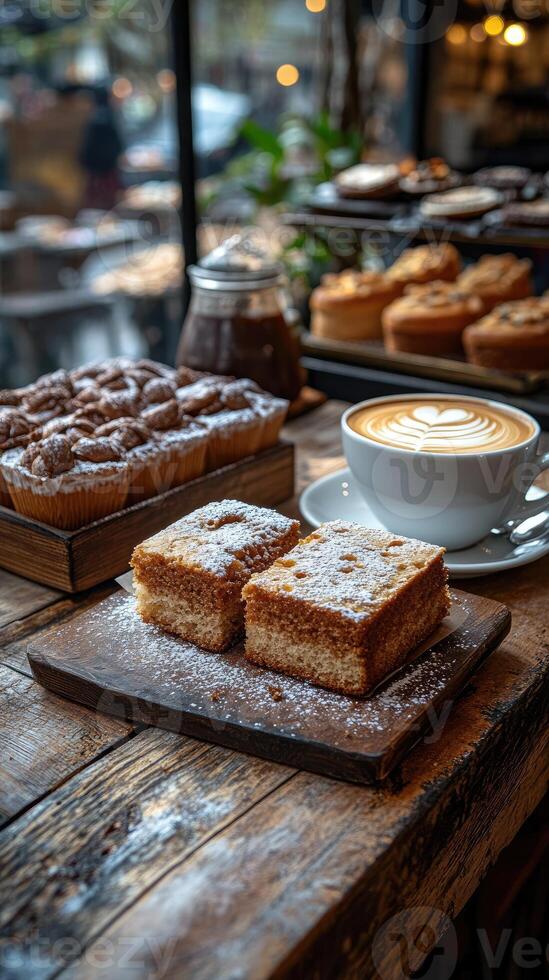 Delicious tiramisu cake with coffee beans being served in cafe photo