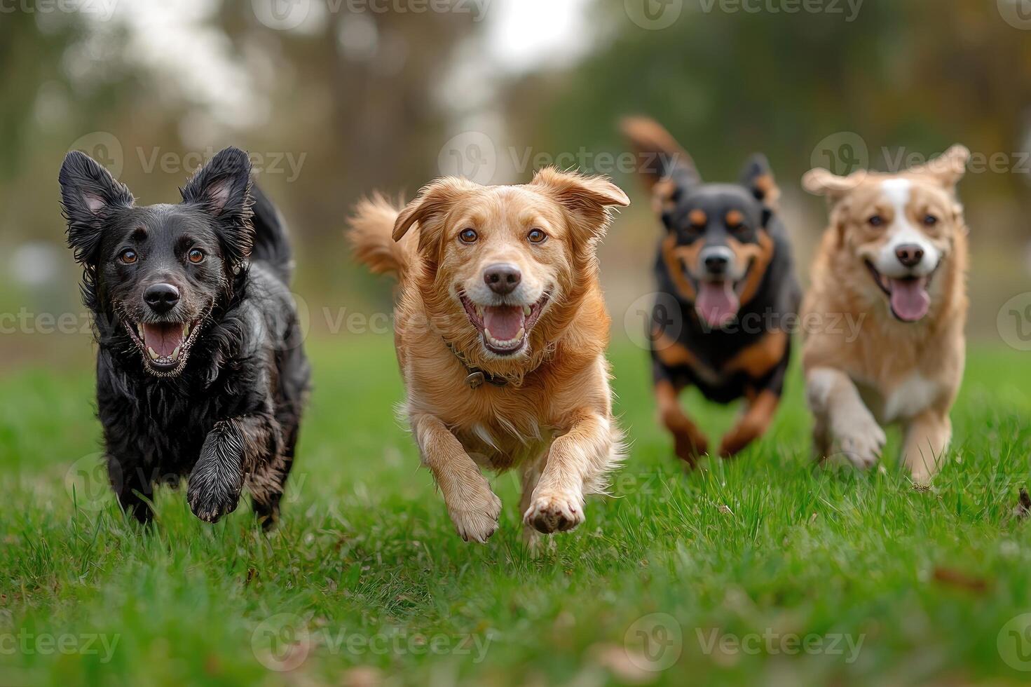 Group of dogs running through a grass field photo
