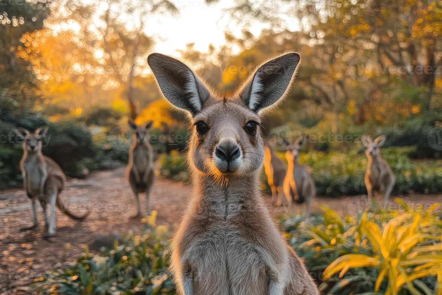 Curious eastern grey kangaroo posing with family at sunset in australia photo