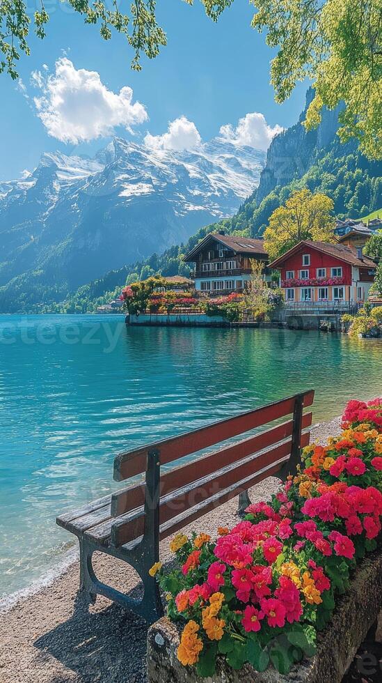 Wooden bench inviting visitors to enjoy the swiss alps landscape photo
