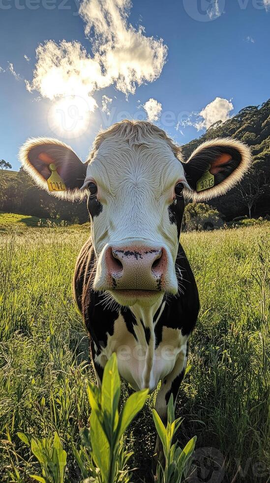 Young cow standing on grass in a field at sunset photo