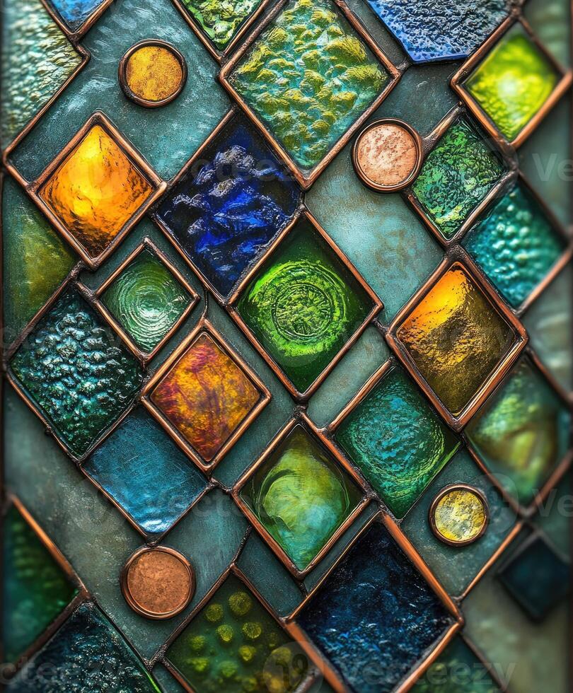 Colorful stained glass window showing diamond pattern photo