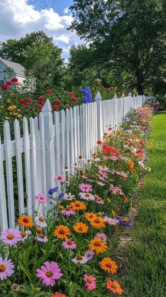 White picket fence with colorful cosmos flowers blooming in garden photo