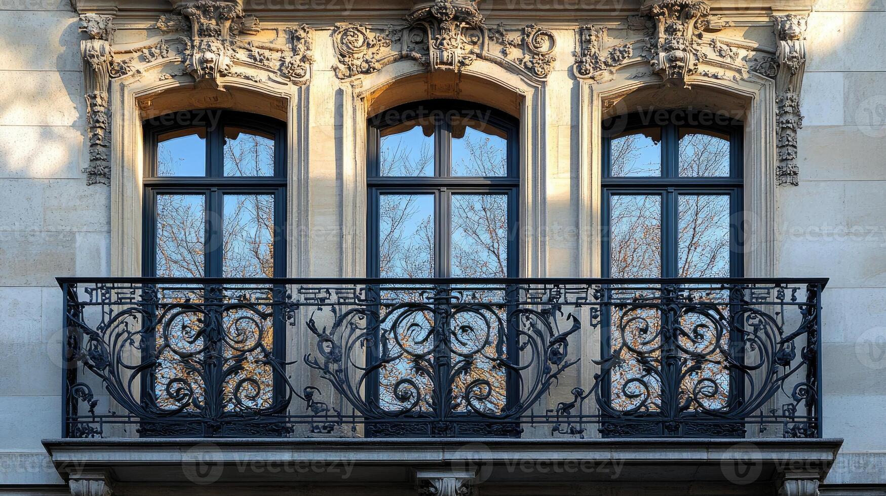 Ornate wrought iron balcony reflecting trees in windows photo