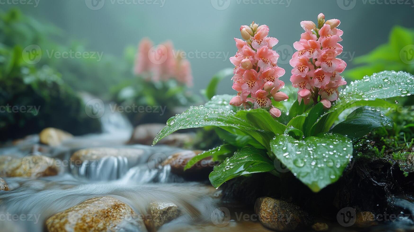 Beautiful pink orchid blooming near waterfall in tropical jungle photo