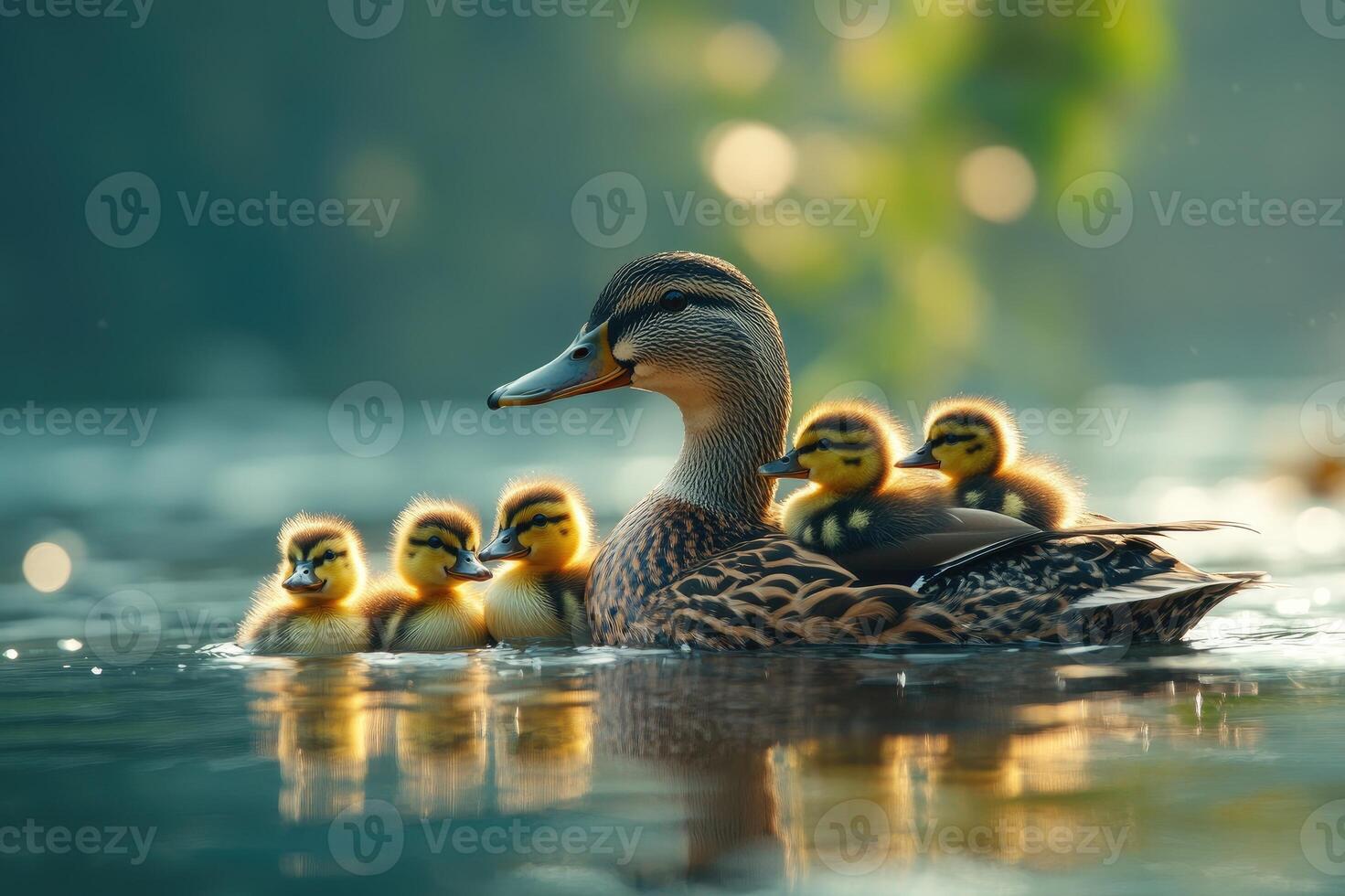 Mother duck swimming with ducklings on her back at golden hour photo