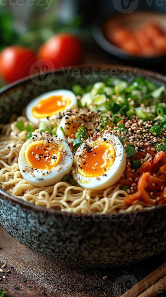 Steaming bowl of ramen noodles garnished with soft boiled eggs and peppers photo