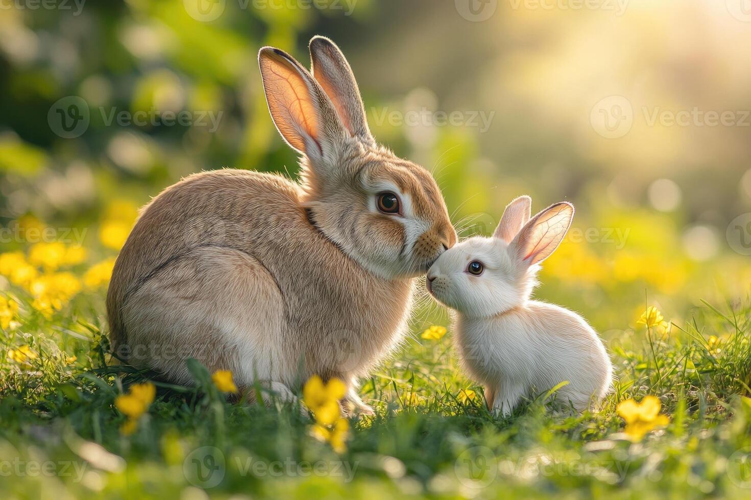 Mother rabbit kissing baby rabbit in a spring meadow photo
