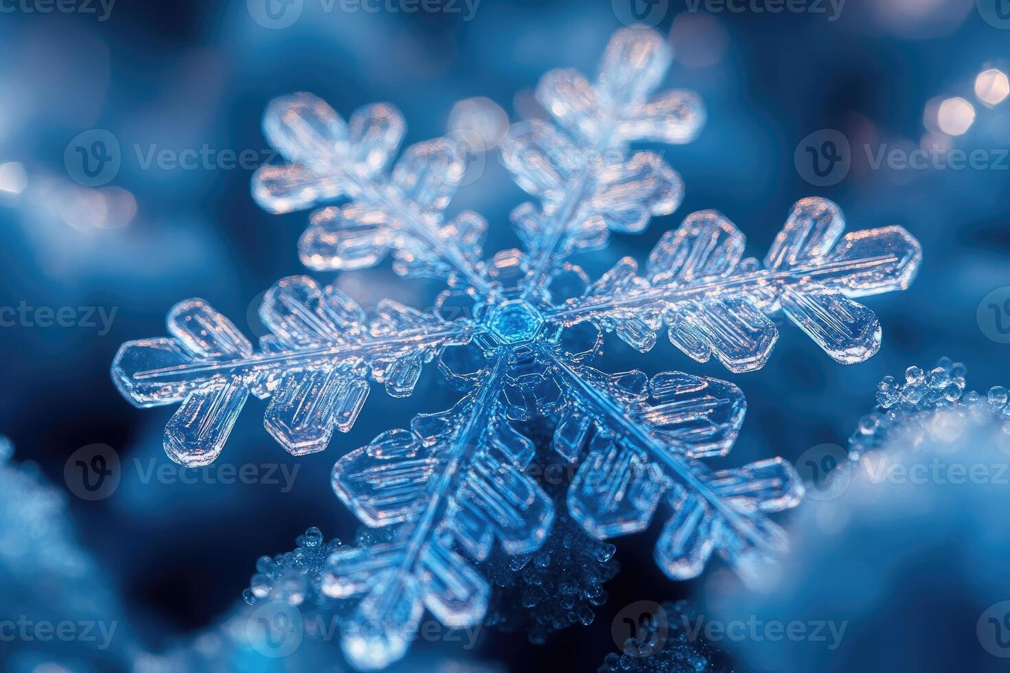 Macro photo of a snowflake resting on snow with a blue background