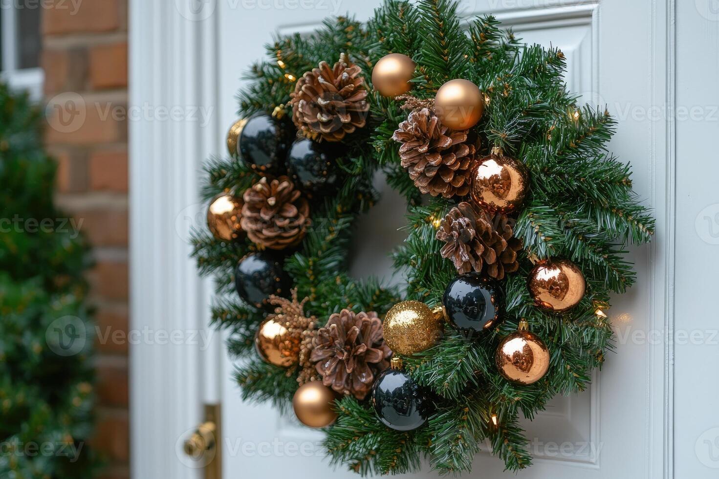 Christmas wreath hanging on front door with pine cones and ornaments photo